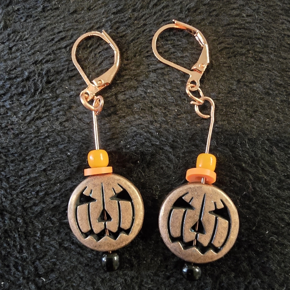 Handmade Copper Pumpkin Earrings with Orange & Black Bead Accents